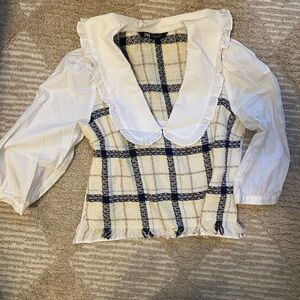 Zara White & Navy Plaid Ruffle Collar Mixed-Media Top